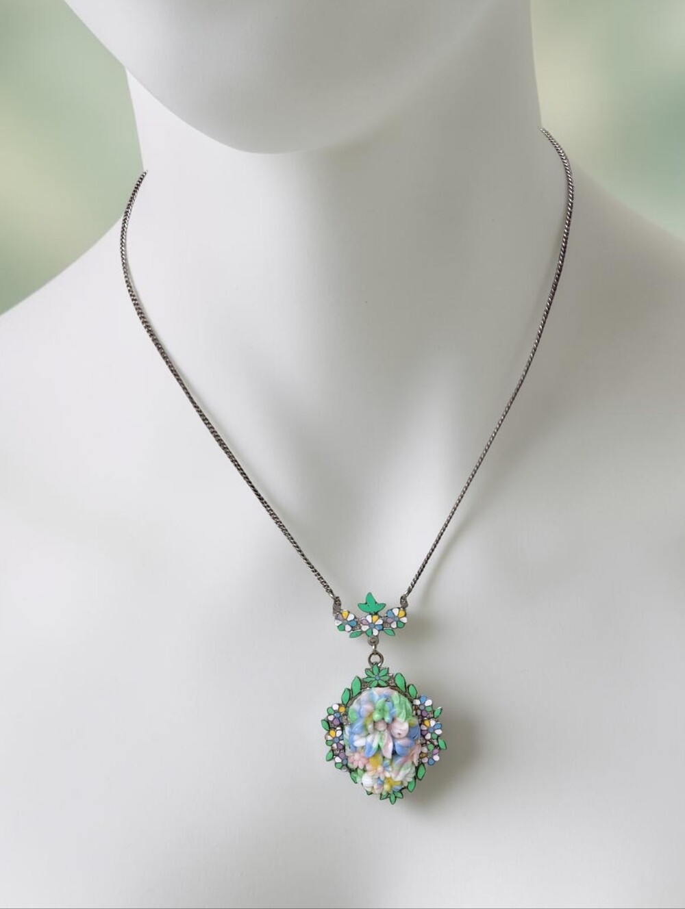 Vintage Art Deco Enameled Floral Pendant Necklace - Picture 3 of 9